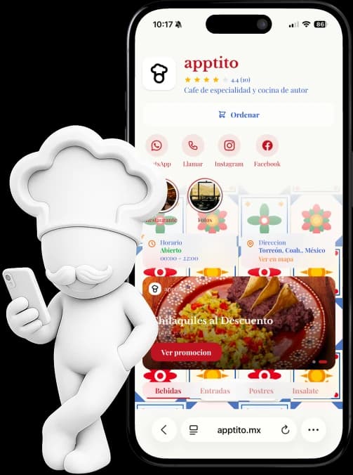 Tito de Apptito junto a un celular mostrando la página pública de un restaurante