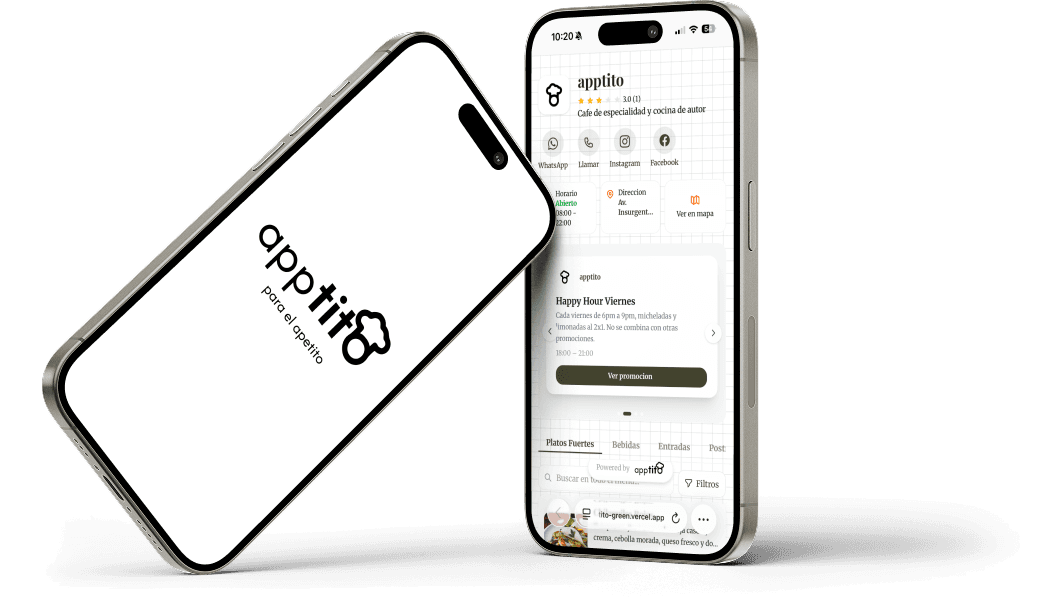 Carta digital de AppTito con platillos, fotos, precios y categorías de restaurante en una pantalla móvil